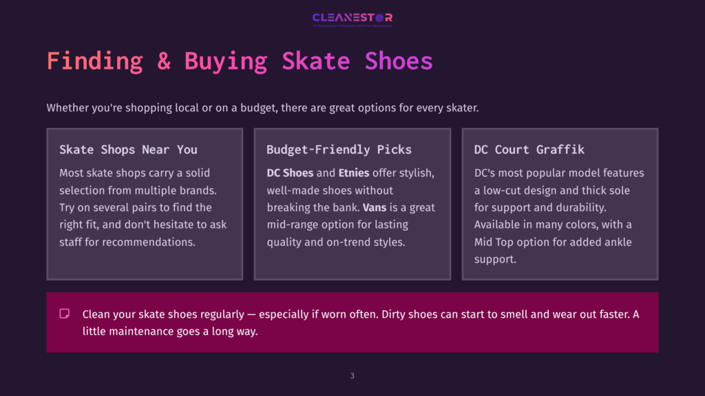 Illustration With Three Sections Detailing Skate Shoe Shopping Advice: &Quot;Skate Shops Near You&Quot; Emphasizes Finding The Right Fit And Asking For Recommendations; &Quot;Budget-Friendly Picks&Quot; Highlights Dc Shoes And Vans For Quality And Style; And &Quot;Dc Court Graffik&Quot; Describes A Low-Cut Shoe With A Thick Sole. The Text &Quot;Clean Your Skate Shoes Regularly – Especially If Worn Often. Dirty Shoes Can Start To Smell And Wear Out Faster. A Little Maintenance Goes A Long Way.&Quot; Appears At The Bottom.