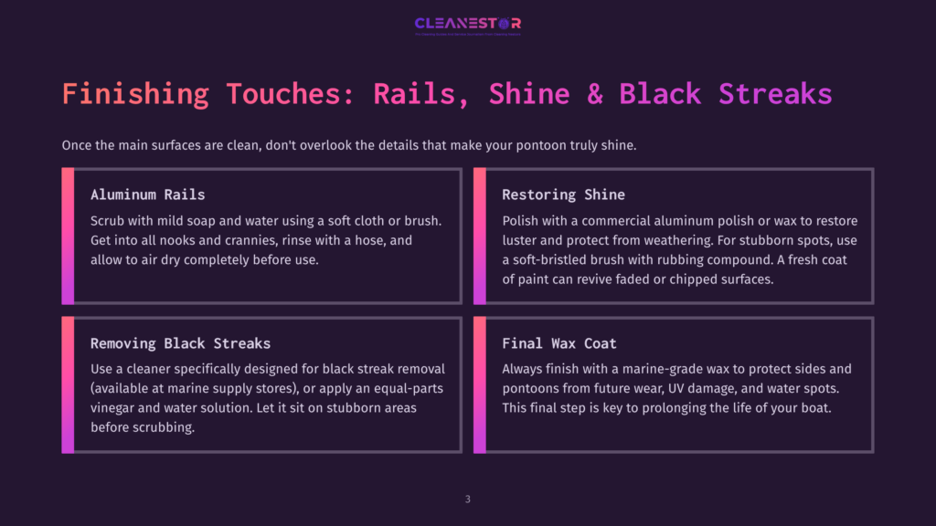 Infographic Detailing Pontoon Finishing Touches: Aluminum Rails Cleaning, Restoring Shine With Polish And Compound, Removing Black Streaks With Cleaner Or Vinegar, And Applying Final Wax Coat For Protection.