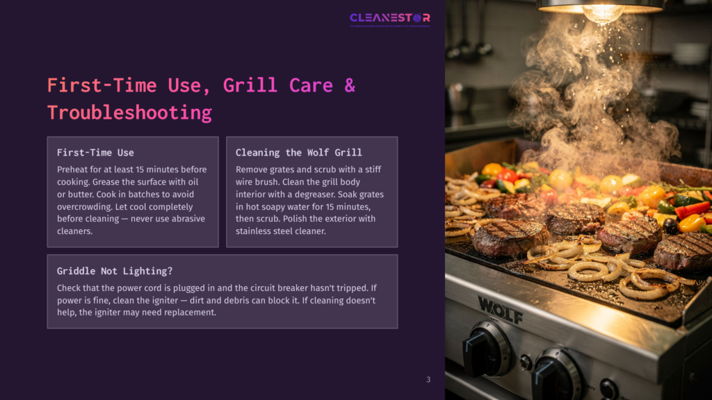 Close-Up Of A Wolf Brand Grill With Steaks And Vegetables Cooking, Steam Rising. Text Overlay: &Quot;First-Time Use, Grill Care &Amp; Troubleshooting.