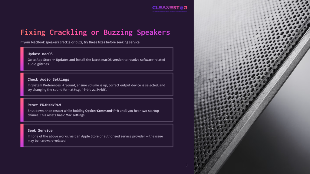 Close-Up Of A Sleek, Modern Silver Macbook Pro Speaker Grille With The Text &Quot;Cleanestor&Quot; And &Quot;Fixing Crackling Or Buzzing Speakers&Quot; Visible On A Dark Background.
