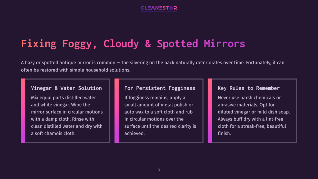 A Dark Purple Slide With The Title &Quot;Fixing Foggy, Cloudy &Amp; Spotted Mirrors&Quot; And Three Sections: &Quot;Vinegar &Amp; Water Solution,&Quot; &Quot;For Persistent Fogginess,&Quot; And &Quot;Key Rules To Remember,&Quot; Offering Tips For Mirror Restoration.