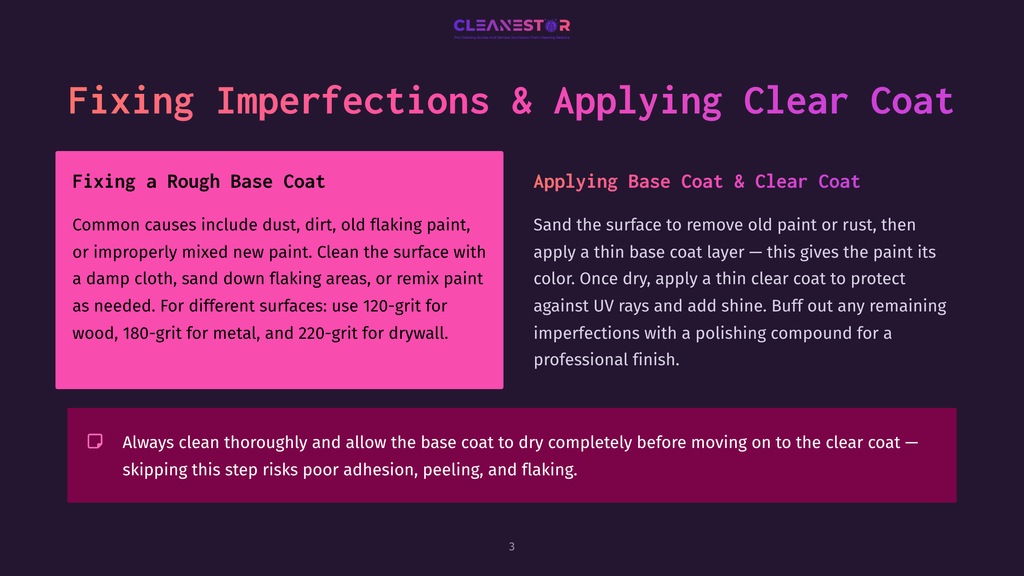 3 Fixing Imperfections And Applying Clear Coat Presentation Slide Titled &Quot;Fixing Imperfections &Amp; Applying Clear Coat&Quot; With Sections On &Quot;Fixing A Rough Base Coat&Quot; And &Quot;Applying Base Coat &Amp; Clear Coat,&Quot; Detailing Sanding, Cleaning, And Application Steps.