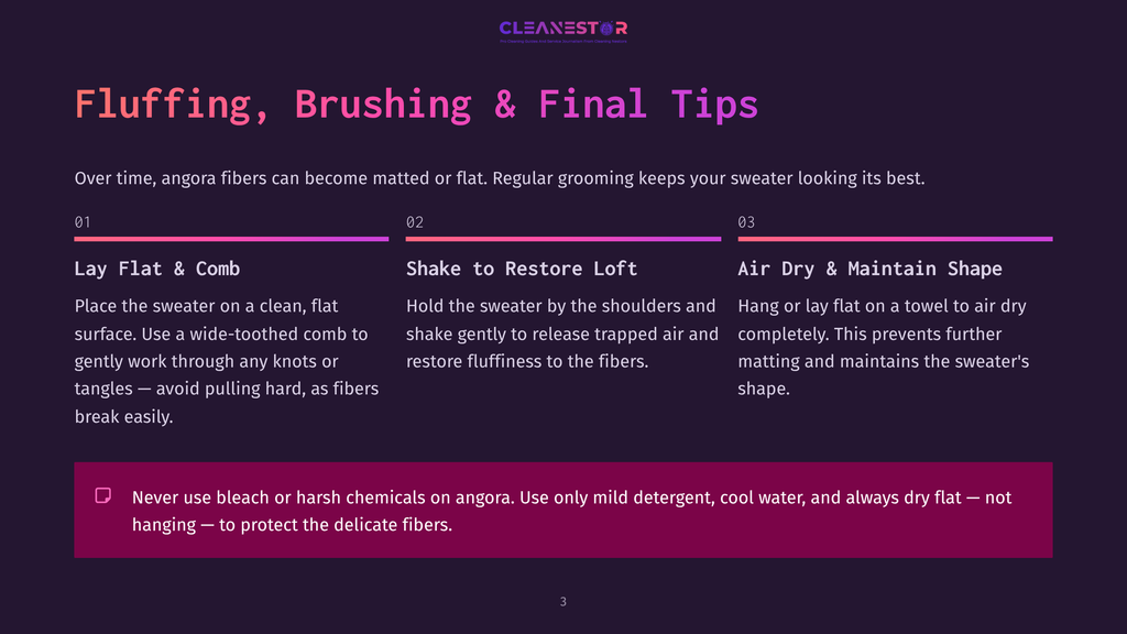 Infographic Detailing How To Fluff And Brush Angora Sweaters. Includes Steps For Laying Flat, Shaking To Restore Loft, And Air Drying. Warning: Do Not Use Bleach Or Harsh Chemicals.