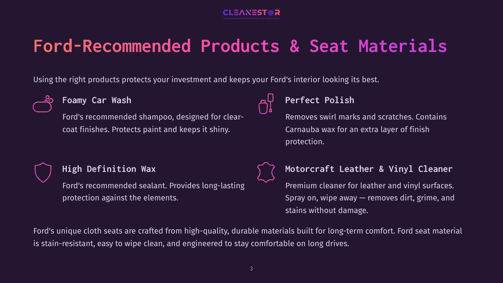 Cleanestor Logo At The Top Of A Dark Purple Slide Detailing Ford-Recommended Car Care Products And Seat Materials, Including Foamy Car Wash, Perfect Polish, High Definition Wax, And Motorcraft Leather &Amp; Vinyl Cleaner.