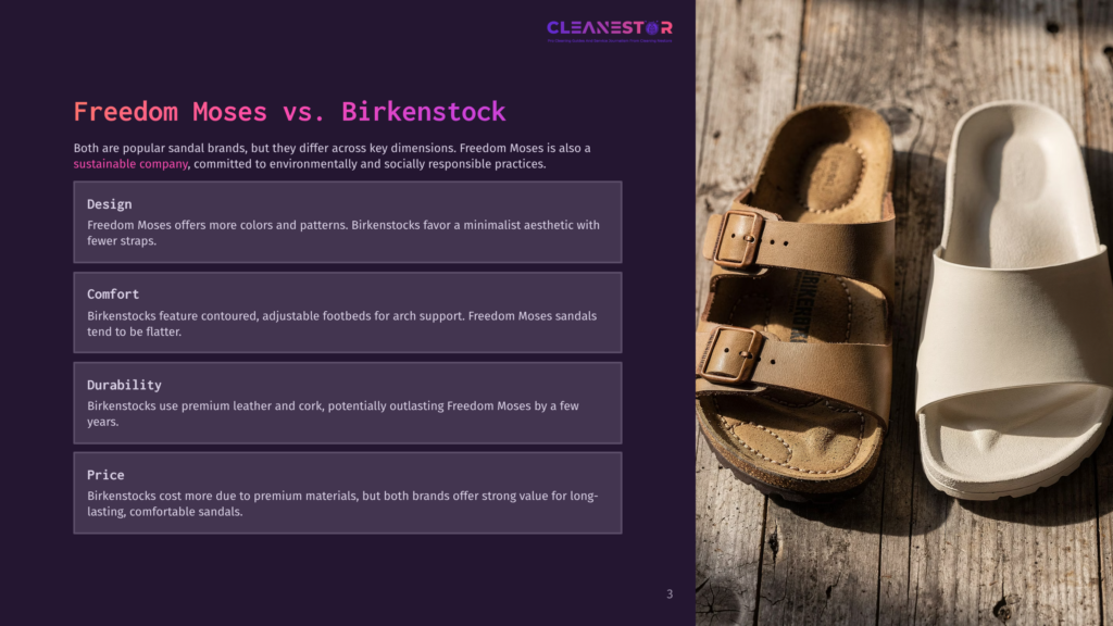 3 Freedom Moses Vs Birkenstock Two Birkenstock Sandals, One Tan Leather And One White, Lie On A Wooden Surface. The Tan Sandal Features Two Adjustable Straps, While The White Sandal Has A Single Strap.