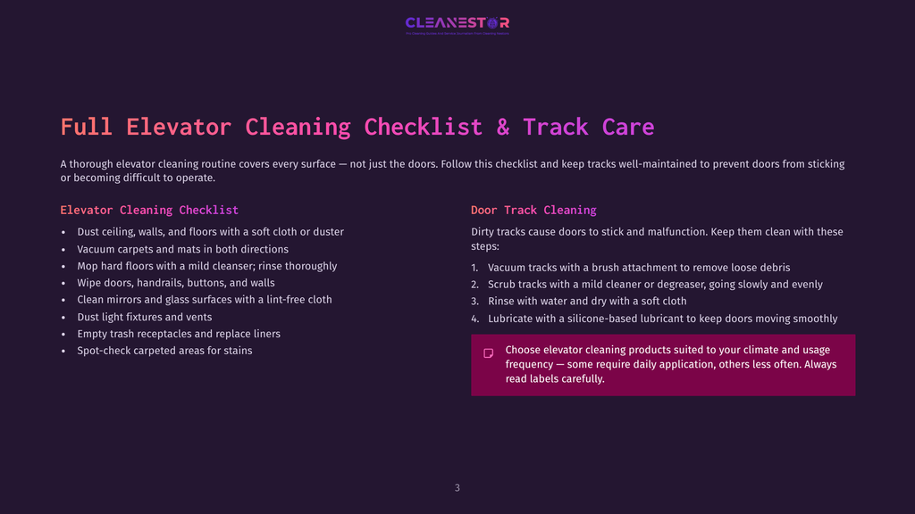 Full Elevator Cleaning Checklist &Amp; Track Care: A Guide Detailing Elevator Cleaning Tasks, Including Door Track Cleaning, With Bullet Points For Checklists.