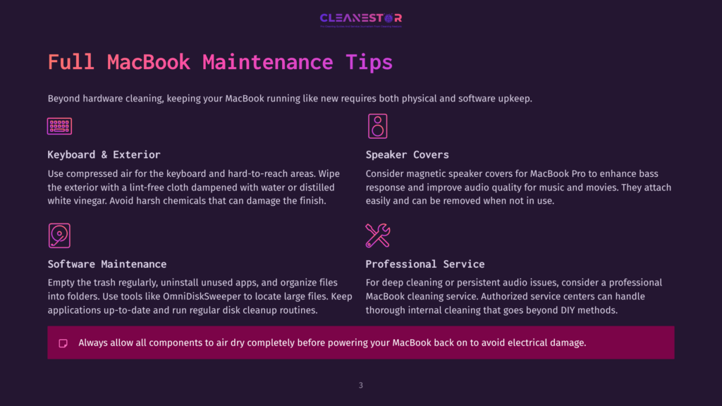 Full Macbook Maintenance Tips Graphic With Icons For Keyboard &Amp; Exterior, Speaker Covers, Software Maintenance, And Professional Service. Text Advises On Cleaning, Software Upkeep, And Seeking Expert Help.