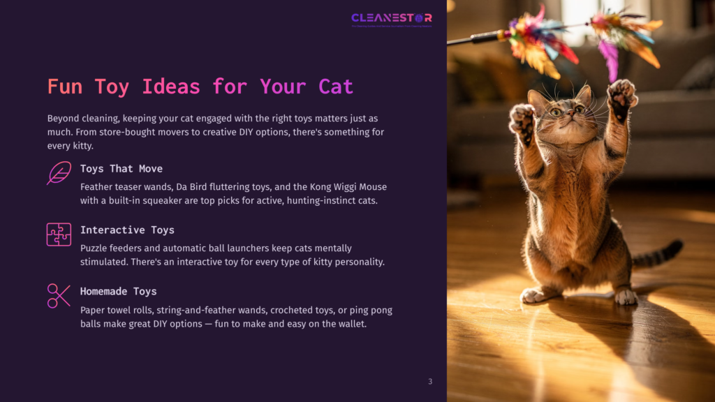3 Fun Toy Ideas For Your Cat A Playful Tabby Cat Leaps To Catch A Colorful Feather Toy On A String, Its Paws Outstretched And Eyes Wide With Excitement, In A Sunlit Room.