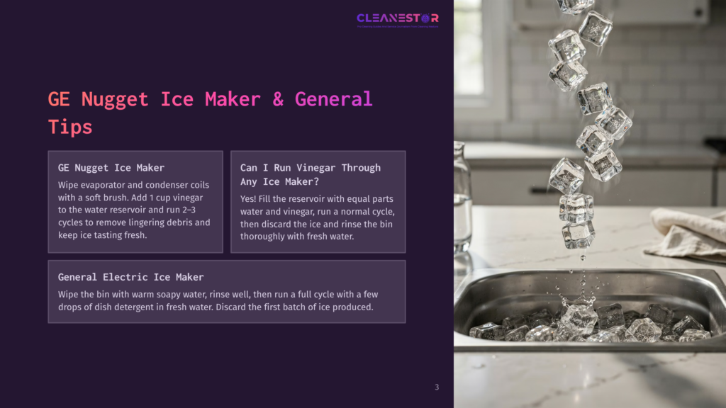 Ge Nugget Ice Maker General Tips, Including Cleaning Instructions With Vinegar And Soap For A Ge Electric Ice Maker, With A Background Image Of Ice Cubes Falling Into A Sink.