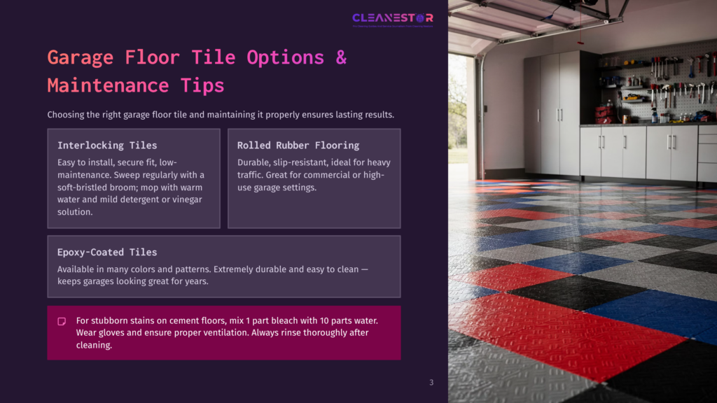 Cleanestor Garage Floor Tile Options: Interlocking Tiles, Rolled Rubber Flooring, And Epoxy-Coated Tiles. The Image Shows A Garage With A Red, Blue, And Black Checkered Floor And Storage Cabinets.
