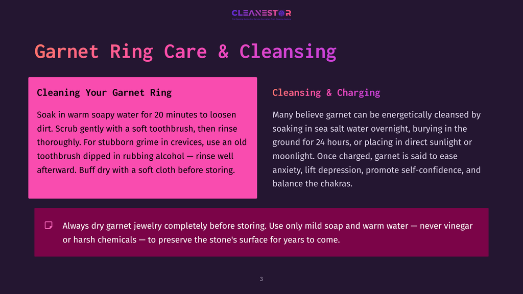 Infographic Titled &Quot;Garnet Ring Care &Amp; Cleansing&Quot; With Instructions On Cleaning And Charging Garnets, Featuring Text About Soaking In Soapy Water And Cleansing In Sea Salt Or Moonlight.
