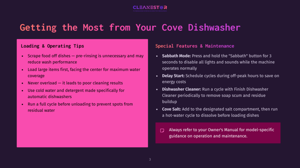 A Slide Titled &Quot;Getting The Most From Your Cove Dishwasher&Quot; Displays Loading And Operating Tips In Pink And White Text On A Dark Background, With Special Features And Maintenance Tips In A Purple Box.
