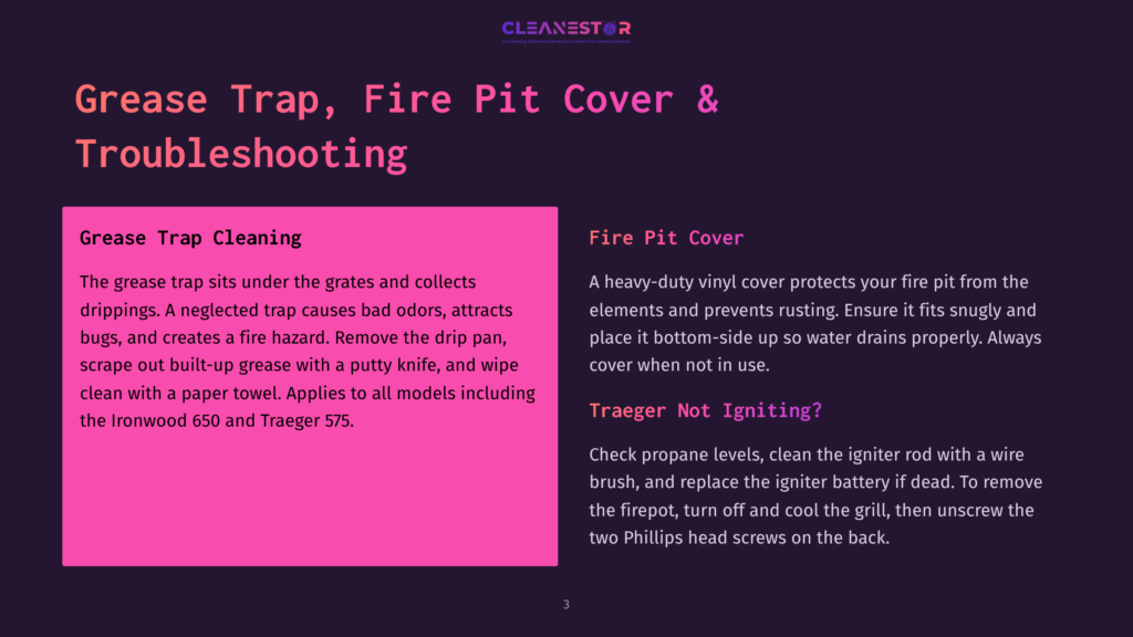 A Dark Purple Background With A Pink Rectangle On The Left. Text Within The Pink Rectangle Reads: &Quot;Grease Trap Cleaning. The Grease Trap Sits Under The Grates And Collects Drippings. A Neglected Trap Causes Bad Odors, Attracts Bugs, And Creates A Fire Hazard. Remove The Drip Pan, Scrape Out Built-Up Grease With A Putty Knife, And Wipe Clean With A Paper Towel. Applies To All Models Including The Ironwood 650 And Traeger 575.&Quot; On The Right, Text Reads: &Quot;Fire Pit Cover. A Heavy-Duty Vinyl Cover Protects Your Fire Pit From The Elements And Prevents Rusting. Ensure It Fits Snugly And Place It Bottom-Side Up So Water Drains Properly. Always Cover When Not In Use. Traeger Not Igniting? Check Propane Levels, Clean The Igniter Rod With A Wire Brush, And Replace The Igniter Battery If Dead. To Remove The Firepot, Turn Off And Cool The Grill, Then Unscrew The Two Phillips Head Screws On The Back.