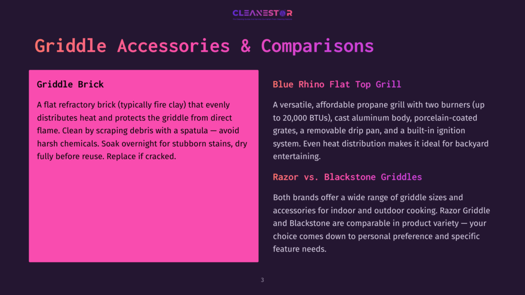 Comparison Of Griddle Accessories: A Pink Section Describes A &Quot;Griddle Brick&Quot; Made Of Refractory Brick For Cleaning, And A Blue Section Describes A &Quot;Blue Rhino Flat Top Grill&Quot; For Cooking.