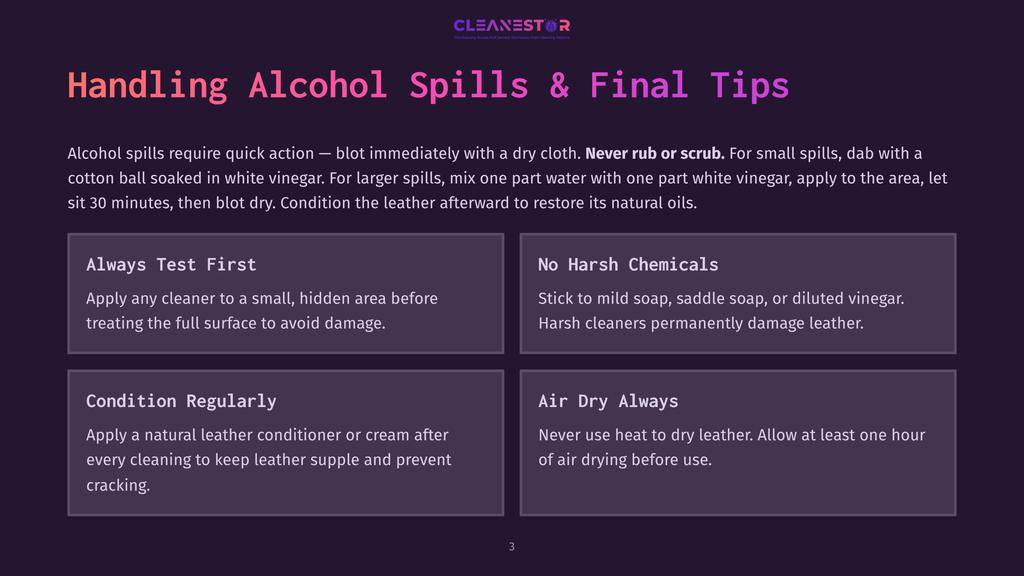 Infographic Titled &Quot;Handling Alcohol Spills &Amp; Final Tips&Quot; With Four Sections: &Quot;Always Test First&Quot;, &Quot;No Harsh Chemicals&Quot;, &Quot;Condition Regularly&Quot;, And &Quot;Air Dry Always&Quot;, Offering Advice On Cleaning Leather.