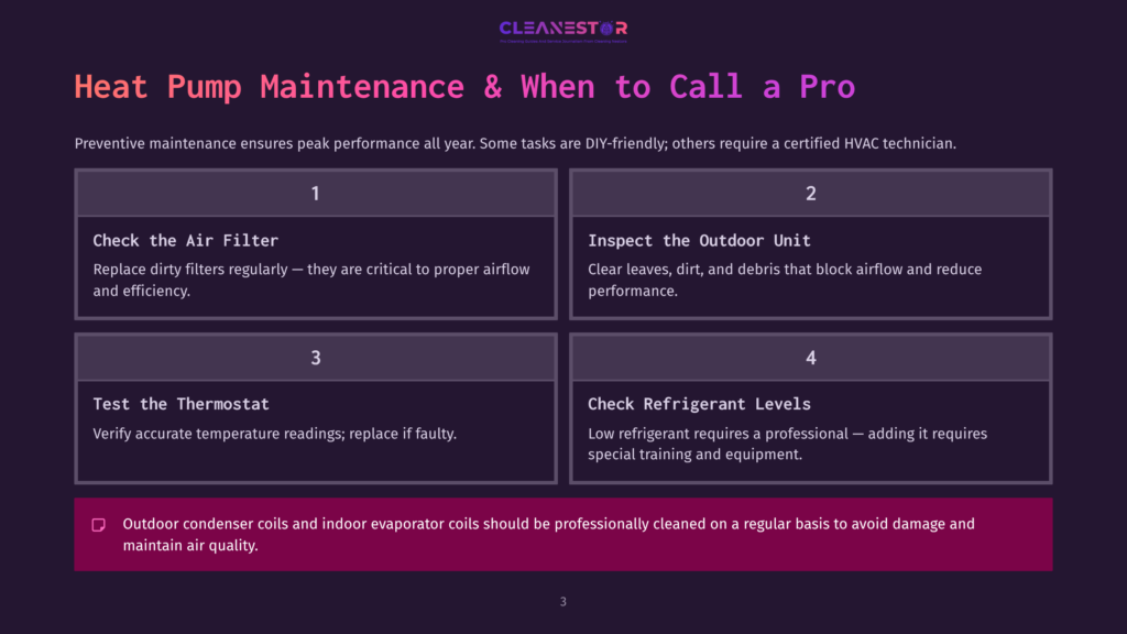3 Heat Pump Maintenance And When To Call A Pro Infographic Titled &Quot;Heat Pump Maintenance &Amp; When To Call A Pro&Quot; Detailing Four Key Maintenance Tasks: Check Air Filter, Inspect Outdoor Unit, Test Thermostat, And Check Refrigerant Levels. The Bottom Includes A Note About Professional Cleaning For Outdoor Condenser Coils And Indoor Evaporator Coils.