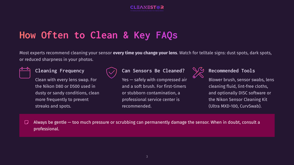 Infographic On How Often To Clean Camera Sensors, With Icons For Frequency, Sensor Cleaning, And Tools. Text Highlights Sensor Cleaning Frequency, Safe Cleaning Methods, And Recommended Tools Like Blower Brushes And Lens Fluid.