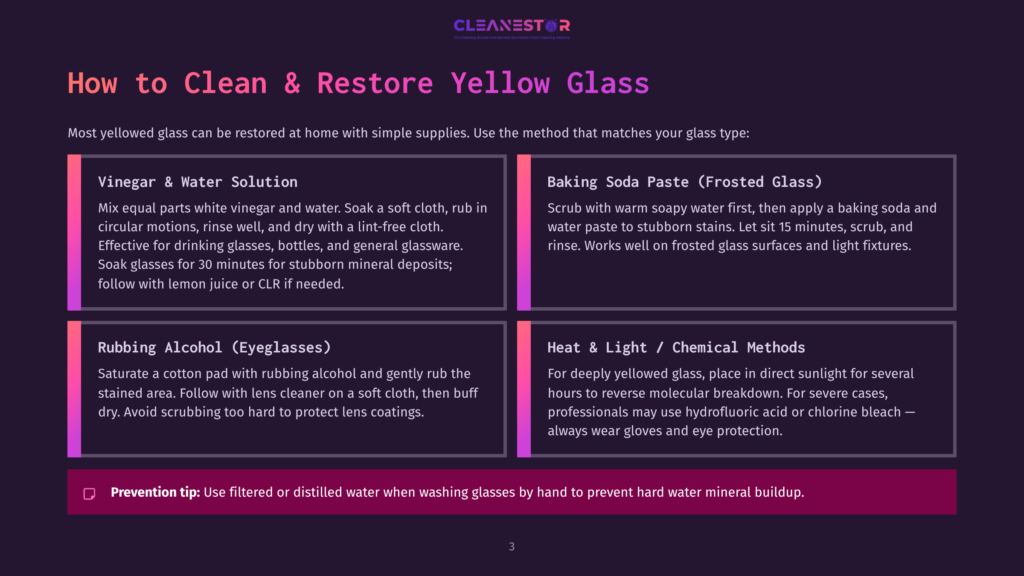 Infographic Titled &Quot;How To Clean &Amp; Restore Yellow Glass&Quot; With Four Sections Detailing Cleaning Methods: Vinegar &Amp; Water Solution, Baking Soda Paste, Rubbing Alcohol, And Heat &Amp; Light. A Prevention Tip Is Also Included.