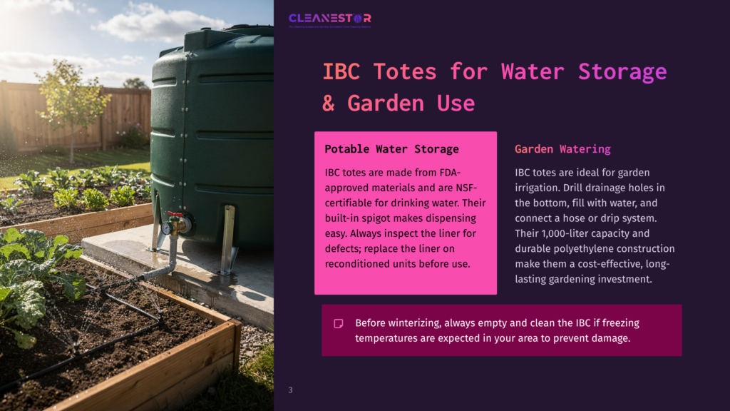 3 Ibc Totes For Water Storage And Garden Use An Ibc Tote Water Storage Tank Is Shown, With Water Being Sprayed Onto A Garden Bed With Drip Irrigation. Text Overlays Describe Ibc Totes For Water Storage And Garden Use.