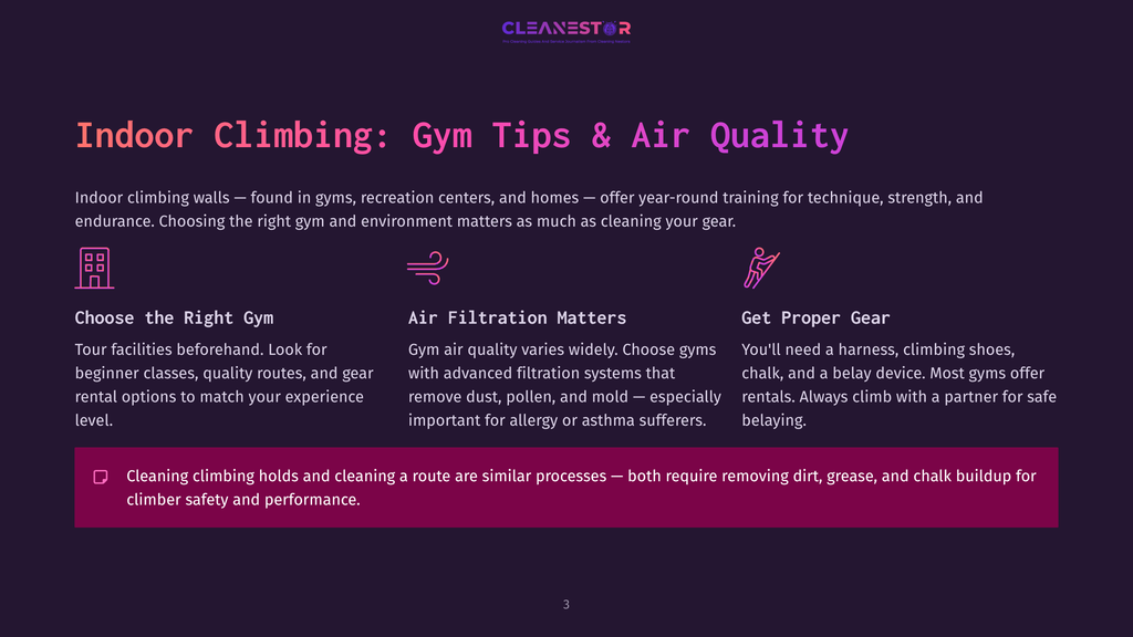 Indoor Climbing Gym Tips: Choose The Right Gym, Air Filtration Matters, Get Proper Gear. Includes Icons For Each Tip.