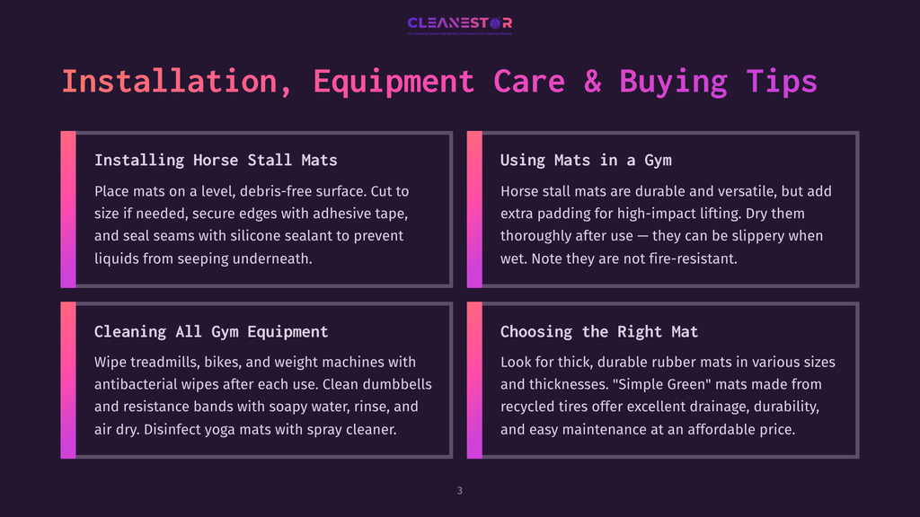 3 Installation Equipment Care And Buying Tips Cleanestor Logo With Text &Quot;Installation, Equipment Care &Amp; Buying Tips&Quot; Overlaying A Background Of Four Colored Boxes Detailing Horse Stall Mats And Gym Mats.