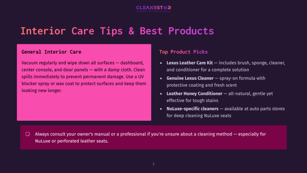 Cleanestor Logo With Text &Quot;Interior Care Tips &Amp; Best Products&Quot; And &Quot;General Interior Care&Quot; Section Detailing Vacuuming, Wiping Surfaces, And Cleaning Spills, And &Quot;Top Product Picks&Quot; Section Listing Lexus Leather Care Kit, Genuine Lexus Lexan Cleaner, And Leather Honey Conditioner.