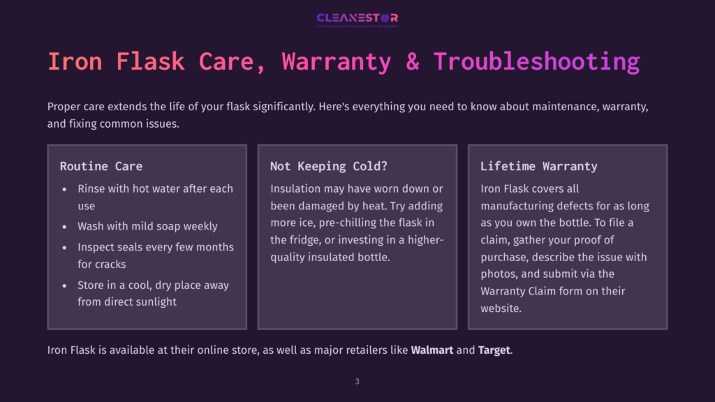 A Dark Purple Slide Titled &Quot;Iron Flask Care, Warranty &Amp; Troubleshooting&Quot; With Three Columns: &Quot;Routine Care,&Quot; &Quot;Not Keeping Cold?&Quot;, And &Quot;Lifetime Warranty,&Quot; Detailing Product Maintenance And Support.