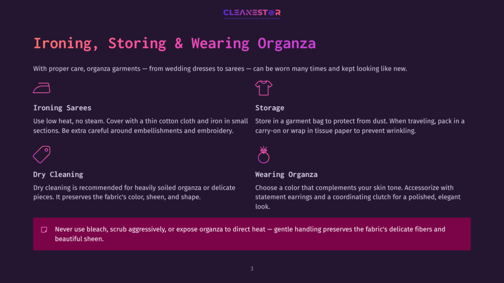 Cleanestor Logo With Text &Quot;Ironing, Storing &Amp; Wearing Organza&Quot; And Tips For Organza Care: Ironing, Dry Cleaning, Storage, And Wearing Advice.