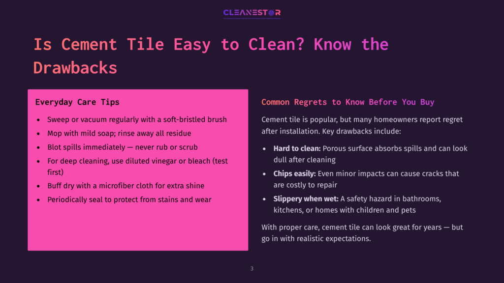 A Slide From A Presentation Titled &Quot;Is Cement Tile Easy To Clean? Know The Drawbacks.&Quot; The Left Side Lists &Quot;Everyday Care Tips&Quot; With Bullet Points Like &Quot;Sweep Or Vacuum Regularly&Quot; And &Quot;Mop With Mild Soap.&Quot; The Right Side Highlights &Quot;Common Regrets To Know Before You Buy,&Quot; Including &Quot;Hard To Clean&Quot; And &Quot;Chips Easily.