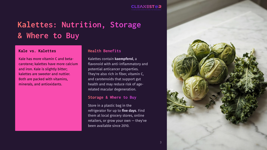 Close-Up Of Fresh Brussels Sprouts And Kale On A Marble Countertop, With Text Overlay Discussing &Quot;Kalettes: Nutrition, Storage &Amp; Where To Buy.