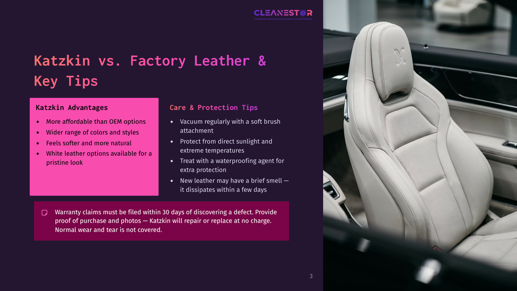 Katzkin Vs. Factory Leather: A Close-Up Of A Luxurious, Cream-Colored Leather Car Seat With Intricate Stitching, Highlighting The Premium Feel And Sophisticated Design Of Katzkin Interior Upgrades.