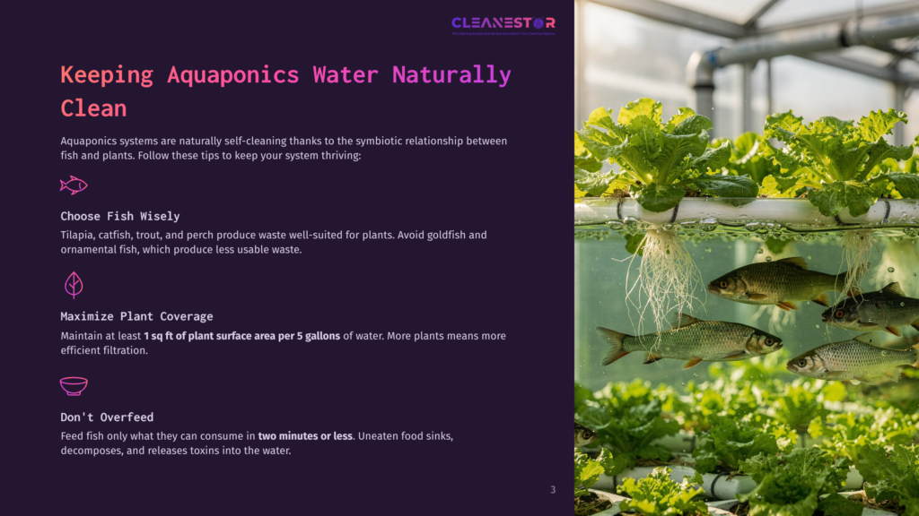 Aquaponics System With Fish Swimming In Clear Water Below Lettuce Plants, Showing Roots Dangling Into The Water. Text Overlay Reads &Quot;Cleanestor Aquaponics Water Naturally Clean&Quot;.