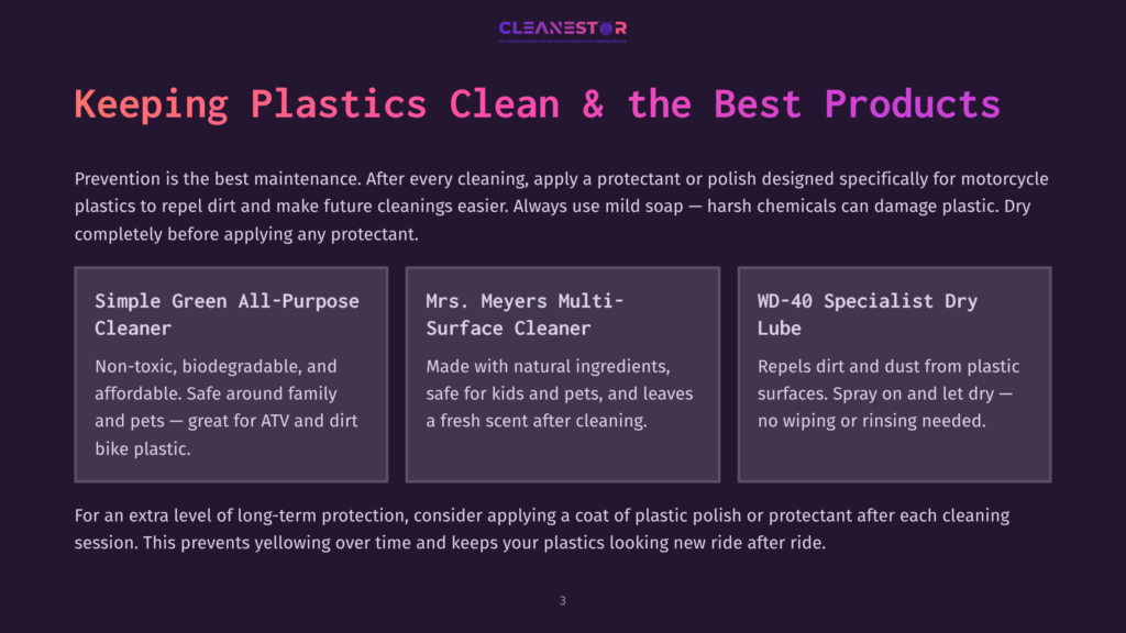 The Text On The Dark Purple Background Reads &Quot;Cleanestor&Quot; And &Quot;Keeping Plastics Clean &Amp; The Best Products.&Quot; Below Are Three Product Descriptions: &Quot;Simple Green All-Purpose Cleaner,&Quot; &Quot;Mrs. Meyers Multi-Surface Cleaner,&Quot; And &Quot;Wd-40 Specialist Dry Lube.