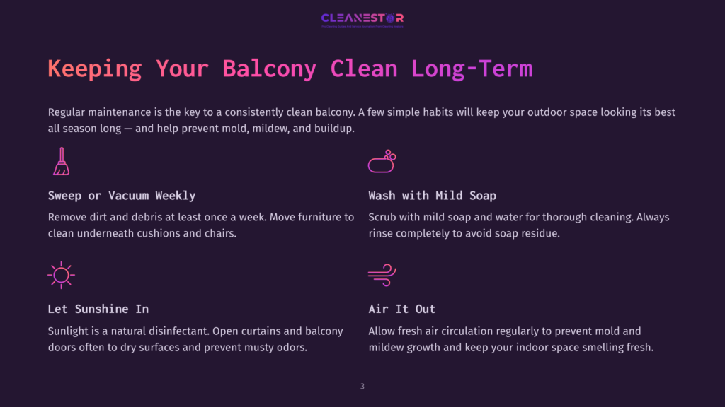 A Graphic Illustrating Four Tips For Keeping A Balcony Clean: Sweep Or Vacuum Weekly, Wash With Mild Soap, Let Sunshine In, And Air It Out. The Graphic Features Icons Representing Each Tip.