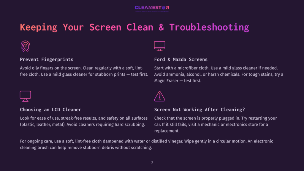 A Dark Purple Background With The Text &Quot;Keeping Your Screen Clean &Amp; Troubleshooting&Quot; And Icons Related To Screen Cleaning Tips: Fingerprints, Ford &Amp; Mazda Screens, Choosing An Lcd Cleaner, And A Screen Not Working.