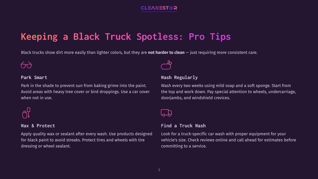 Infographic With Text &Quot;Keeping A Black Truck Spotless: Pro Tips&Quot; And Sections On &Quot;Park Smart,&Quot; &Quot;Wash Regularly,&Quot; &Quot;Wax &Amp; Protect,&Quot; And &Quot;Find A Truck Wash,&Quot; Featuring Stylized Icons.