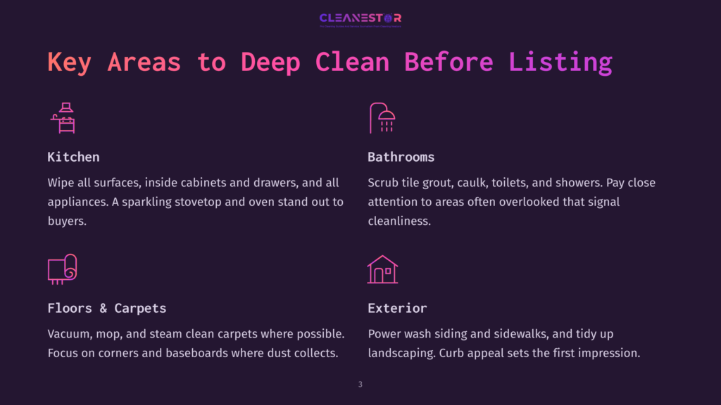 Infographic With Text &Quot;Key Areas To Deep Clean Before Listing&Quot; And Icons For Kitchen, Bathrooms, Floors &Amp; Carpets, And Exterior, Detailing Cleaning Tasks For Each Area.