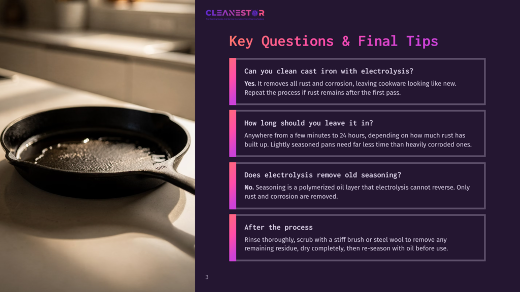 3 Key Questions And Final Tips A Cast Iron Skillet Sits On A Sunlit Kitchen Counter, Filled With A Small Amount Of Cooking Oil. The Image Is Part Of A &Quot;Cleanestor&Quot; Infographic Discussing Cast Iron Cleaning And Electrolysis.