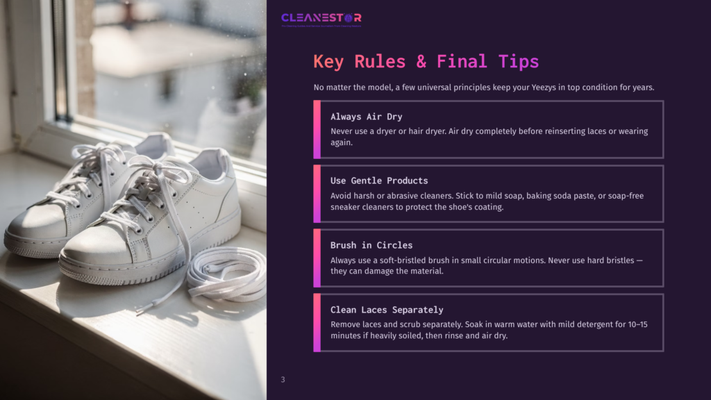 Cleanestor Guide: White Yeezy Sneakers Sit On A Windowsill Next To Loose White Laces, With Cleaning Tips Including &Quot;Always Air Dry,&Quot; &Quot;Use Gentle Products,&Quot; &Quot;Brush In Circles,&Quot; And &Quot;Clean Laces Separately.