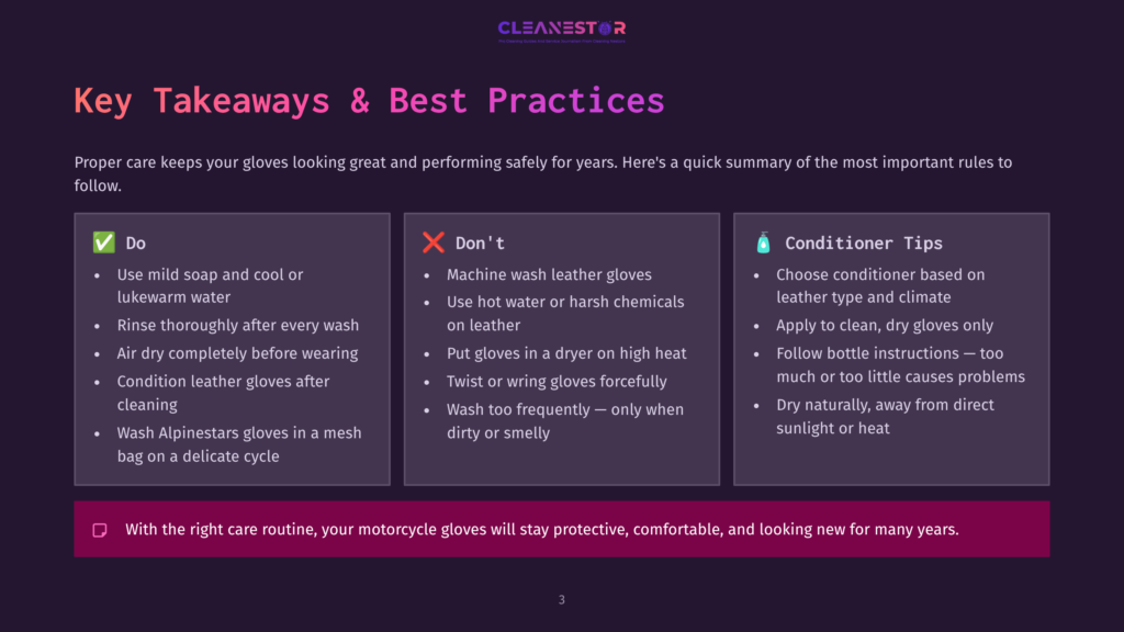 3 Key Takeaways And Best Practices Infographic Titled &Quot;Key Takeaways &Amp; Best Practices&Quot; For Motorcycle Glove Care, Detailing &Quot;Do&Quot;S And &Quot;Don'T&Quot;S For Cleaning And Conditioning Leather Gloves.