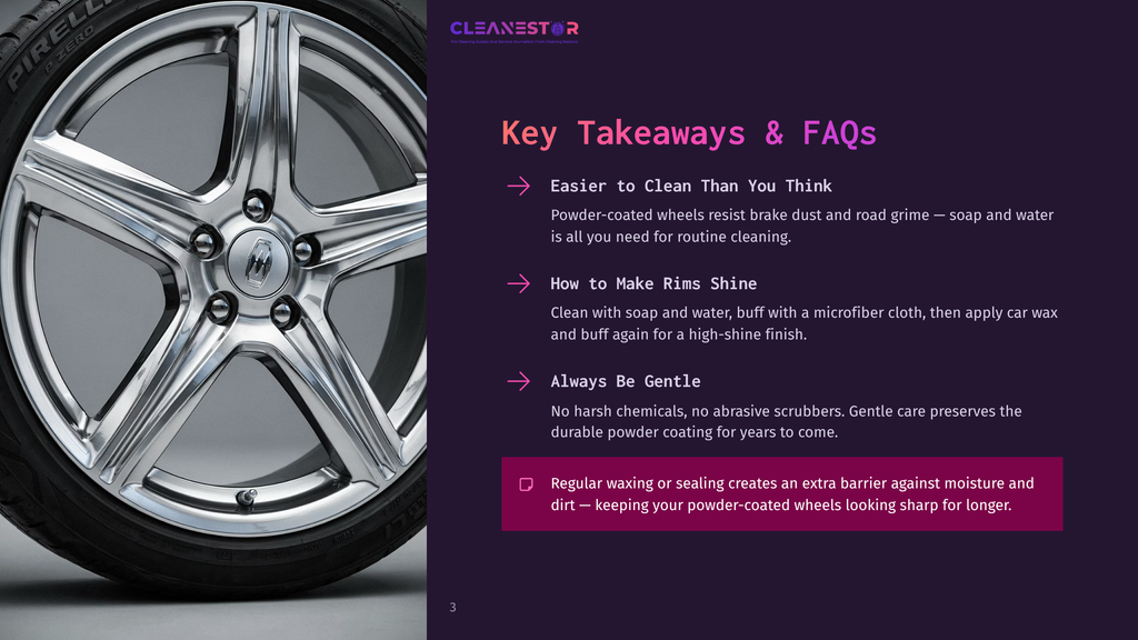 Close-Up Of A Shiny, Chrome Alloy Wheel With The &Quot;Cleanestor&Quot; Logo Visible. Key Takeaways About Cleaning And Maintaining Car Rims Are Displayed On The Right.