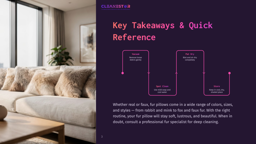 Cleanestor Logo And Key Takeaways For Fur Pillow Cleaning: Vacuum, Spot Clean, Pat Dry, And Store. The Image Shows A Modern Living Room With A Plush Sofa And Several Fluffy Fur Pillows.