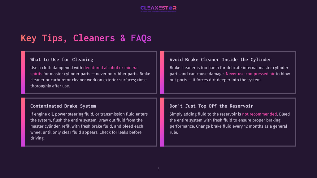 Dark Purple Background With A Graphic Overlay Of Four White Boxes Containing Text. The Top Left Box Is Titled &Quot;What To Use For Cleaning&Quot; And Lists Cleaning Tips For Master Cylinder Parts. The Top Right Box Is Titled &Quot;Avoid Brake Cleaner Inside The Cylinder&Quot; And Warns Against Using Brake Cleaner On Delicate Internal Master Cylinder Parts. The Bottom Left Box Is Titled &Quot;Contaminated Brake System&Quot; And Describes How To Flush The System. The Bottom Right Box Is Titled &Quot;Don'T Just Top Off The Reservoir&Quot; And Advises Against Topping Off Brake Fluid. The Brand &Quot;Cleanestor&Quot; Is Visible At The Top Center.