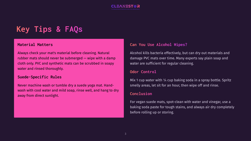 Dark Background With &Quot;Cleanestor&Quot; Logo At The Top. Key Tips &Amp; Faqs Section With &Quot;Material Matters&Quot; And &Quot;Suede-Specific Rules&Quot; In Pink Boxes, And &Quot;Can You Use Alcohol Wipes?&Quot; And &Quot;Odor Control&Quot; In Dark Boxes.