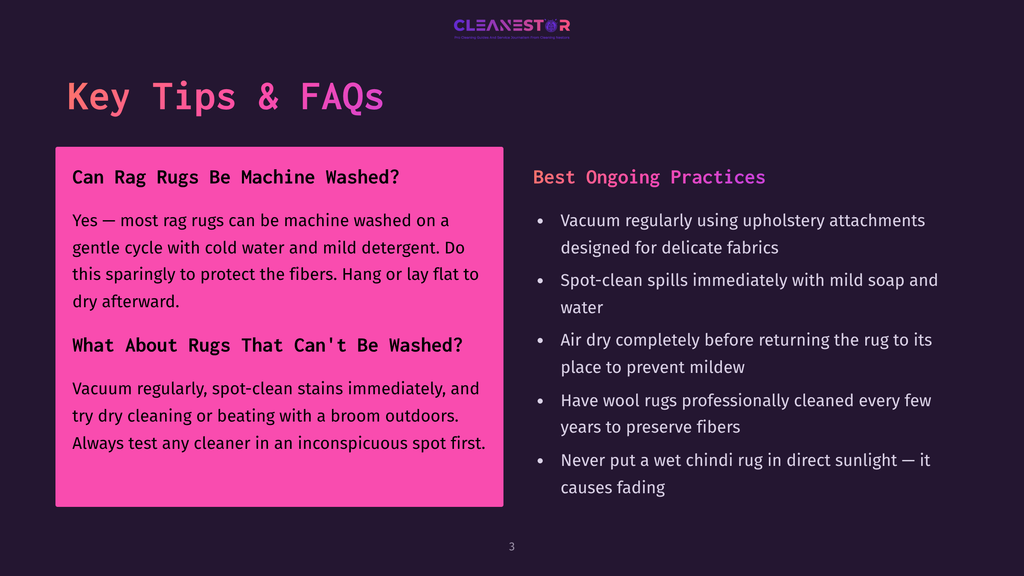 Image Features A Pink And Purple Slide With Cleaning Tips For Rugs And Rags. Key Tips Include: &Quot;Can Rag Rugs Be Machine Washed?&Quot; And &Quot;What About Rugs That Can'T Be Washed?&Quot;, Along With &Quot;Best Ongoing Practices&Quot; Like Vacuuming And Spot-Cleaning.