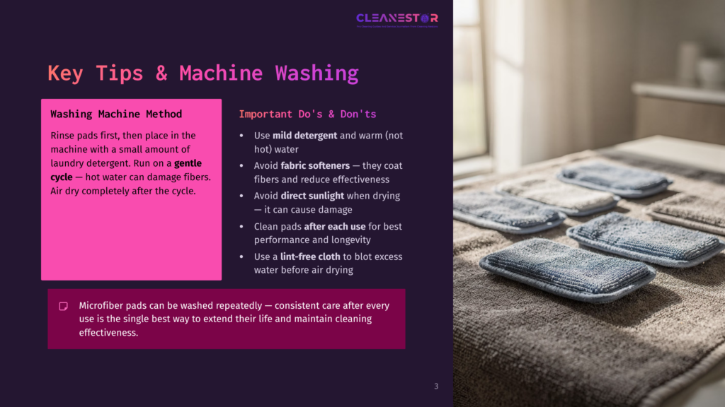 Close-Up Of Blue Microfiber Cleaning Pads Laid Out On A Textured Beige Towel, With A Pink Slide Overlay Showing &Quot;Key Tips &Amp; Machine Washing&Quot; And Washing Instructions.