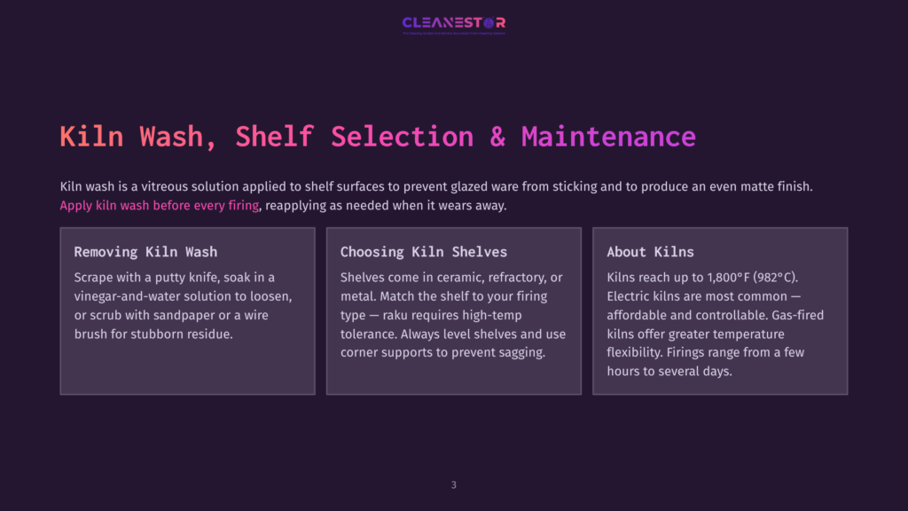 The Cleanestor Logo Is Displayed On A Dark Purple Background. Below The Logo, The Text &Quot;Kiln Wash, Shelf Selection &Amp; Maintenance&Quot; Is Prominently Featured In White And Pink Lettering. The Page Also Includes Sections Titled &Quot;Removing Kiln Wash,&Quot; &Quot;Choosing Kiln Shelves,&Quot; And &Quot;About Kilns.