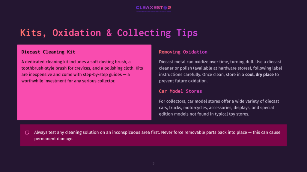 Diecast Cleaning Kit And Oxidation Removal Tips Are Displayed On A Dark Background With Pink And Purple Text Boxes. The Text Boxes Read &Quot;Diecast Cleaning Kit&Quot; And &Quot;Removing Oxidation.