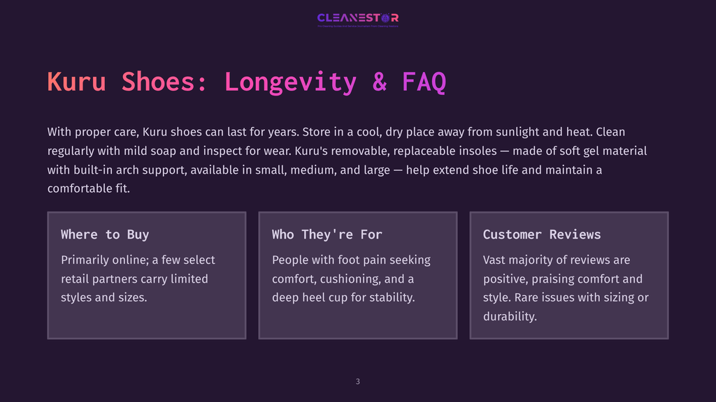 Kuru Shoes Longevity And Faq Graphic With Text About Proper Care, Cleaning, And Where To Buy. The Graphic Features The Cleanestor Logo.