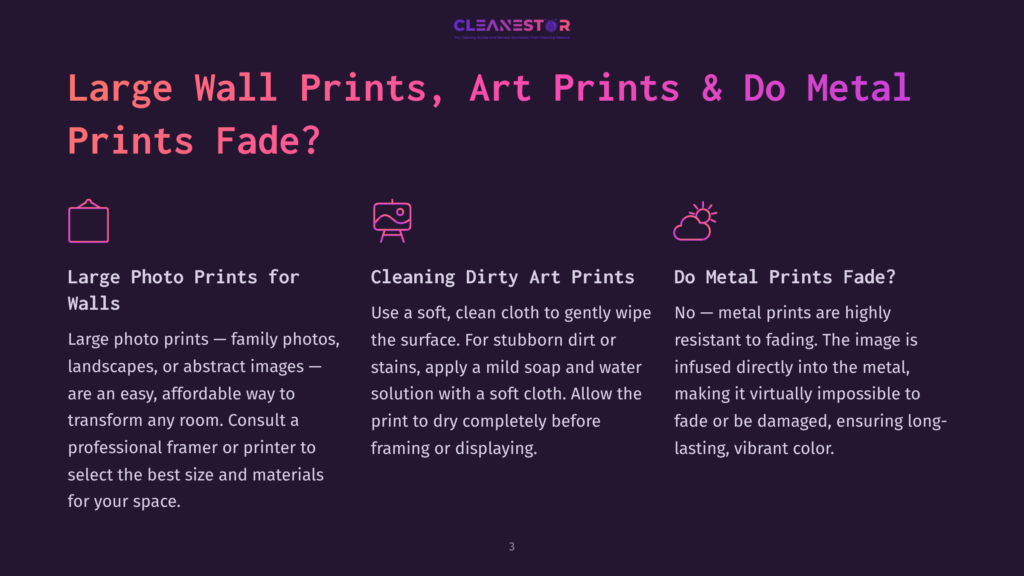 3 Large Wall Prints Art Prints And Do Metal Prints Fade Illustration Of Three Icons: A Picture Frame, A Spray Bottle With A Cloth, And A Sun. Text Reads: Large Photo Prints For Walls, Cleaning Dirty Art Prints, Do Metal Prints Fade?